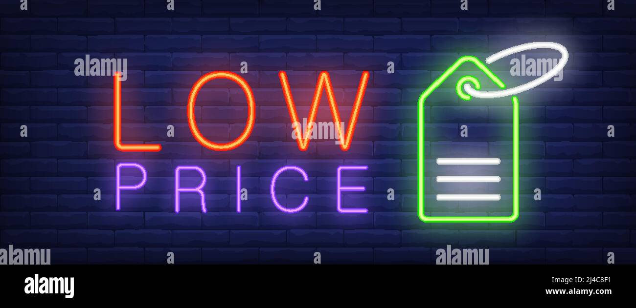 Low price neon text with tag. Shopping, retail and sale concept. Advertisement design. Night bright neon sign, colorful billboard, light banner. Vecto Stock Vector