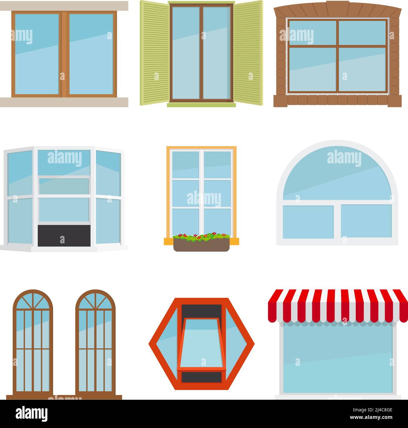 Vector flat window set. Glass design elemen icon, architecture construction, exterior and frame Stock Vector