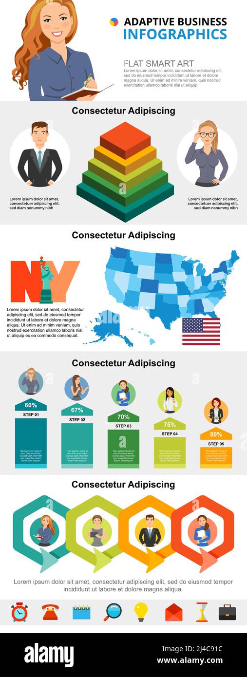 USA economy and business planning infographic charts set. Bar and process charts for presentation slide templates. Research concept can be used for an Stock Vector