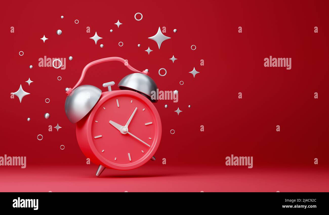 Red retro ringing alarm clock with white stars on red background ...