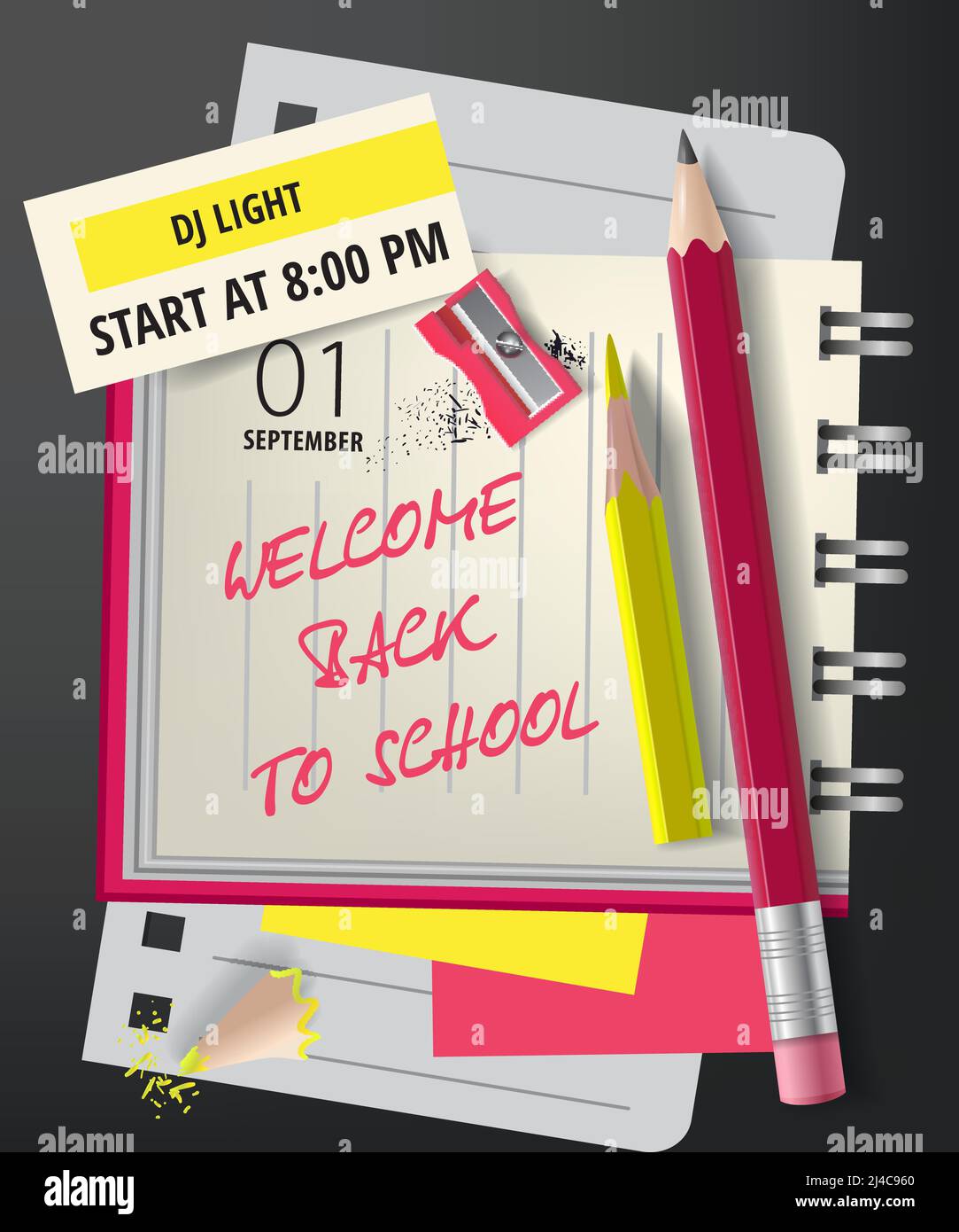 back to school lettering with sharpener and pencils. Invitation design. Handwritten text