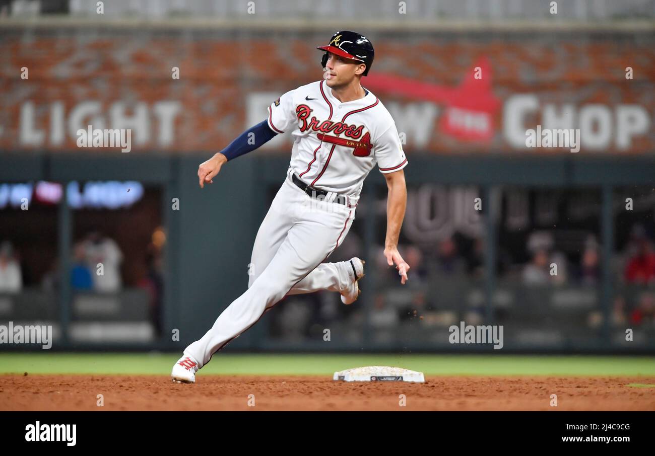 April 09, 2022: Atlanta Braves pitcher Kyle Wright delivers a pitch during  the first inning of a MLB game against the Cincinnati Reds at Truist Park  in Atlanta, GA. Austin McAfee/CSM/Sipa USA(Credit