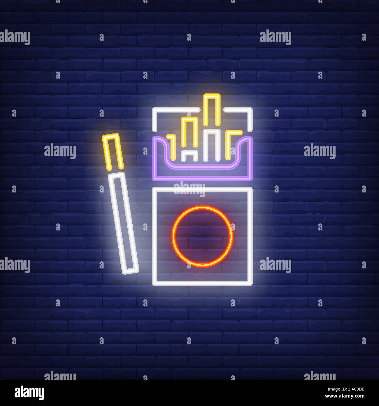 Open cigarette pack neon sign. Smoking, healthcare and addiction