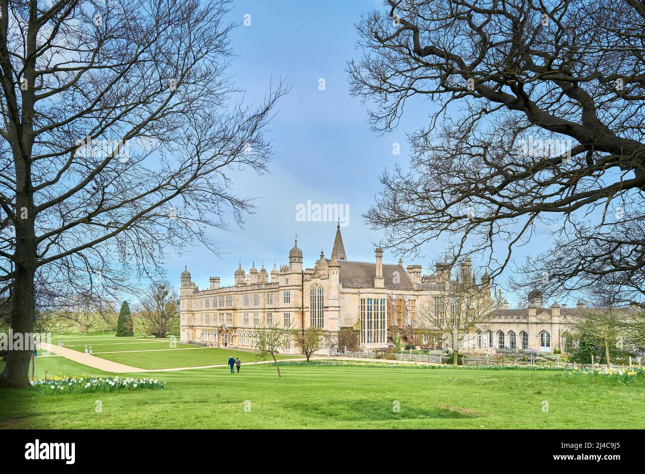 Spring weather in the South garden at Burghley House, Stamford, England, an elizabethan mansion owned by the Cecil family. Stock Photo