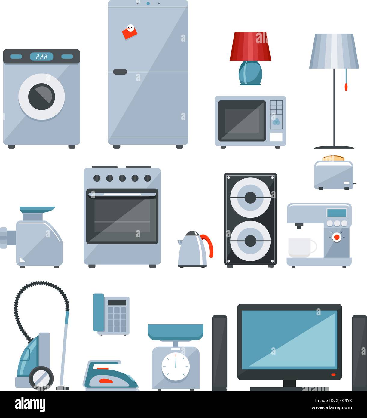 Colored icons of different types of home appliances on white background Stock Vector