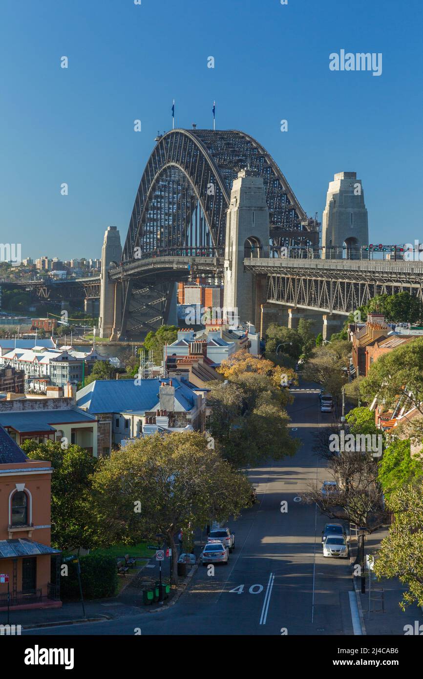Sydney Harbour Bridge in Sydney, Australia, seen looking along Lower Fort Street from Obervatory Hill in The Rocks. Stock Photo