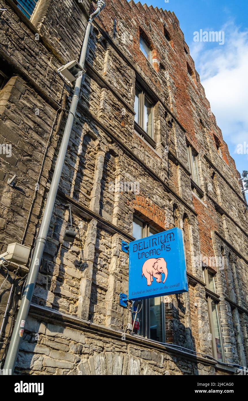GHENT, BELGIUM - AUGUST 20, 2013: Sign of a bar in Ghent, Belgium, showing the logo of the Belgian beer Delirium tremens Stock Photo