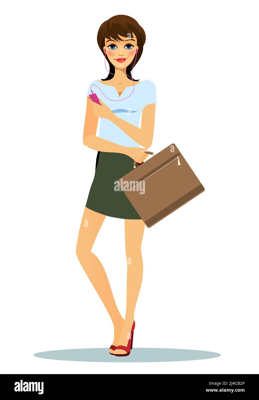 Modern young fashionable woman wearing short green skirt  blue T-shirt and high-heels red shoes  while holding a suitcase and listening to a portable Stock Vector