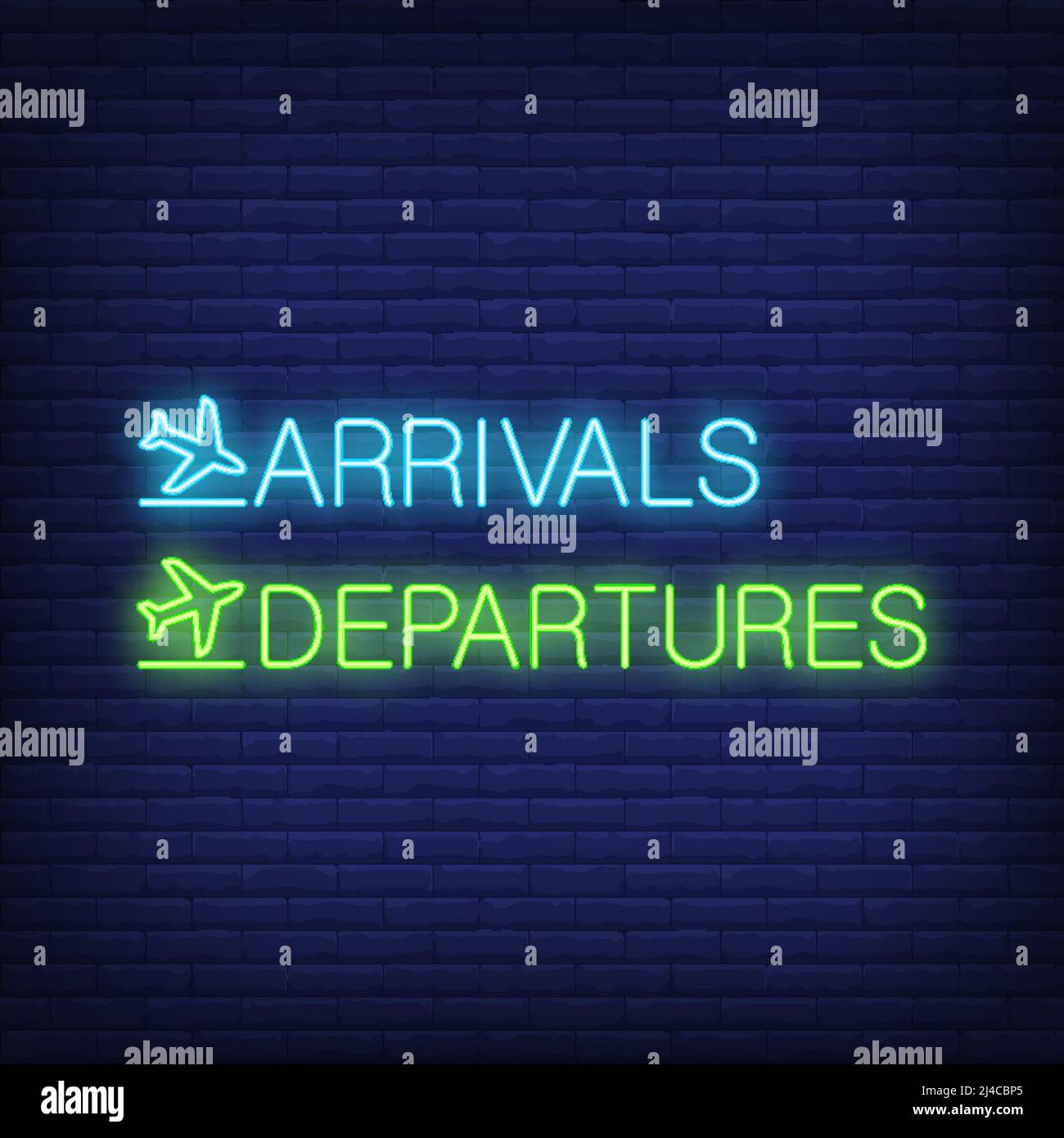 Arrivals and departures neon sign. Information design. Night bright neon sign, colorful billboard, light banner. Vector illustration in neon style. Stock Vector