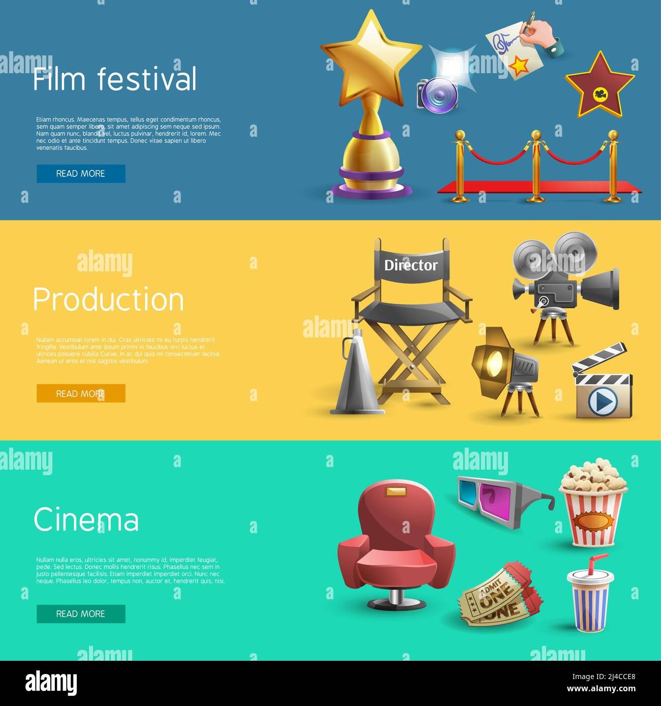Cinema banner horizontal set with film production elements isolated vector illustration Stock