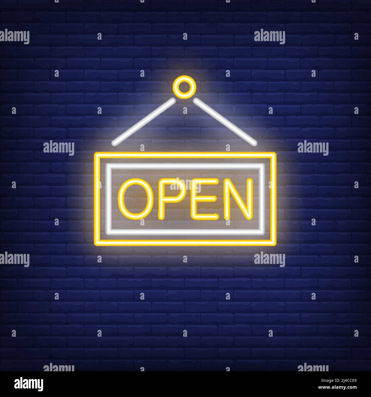 Open door neon sign. Information and message design. Night bright neon sign, colorful billboard, light banner. Vector illustration in neon style. Stock Vector