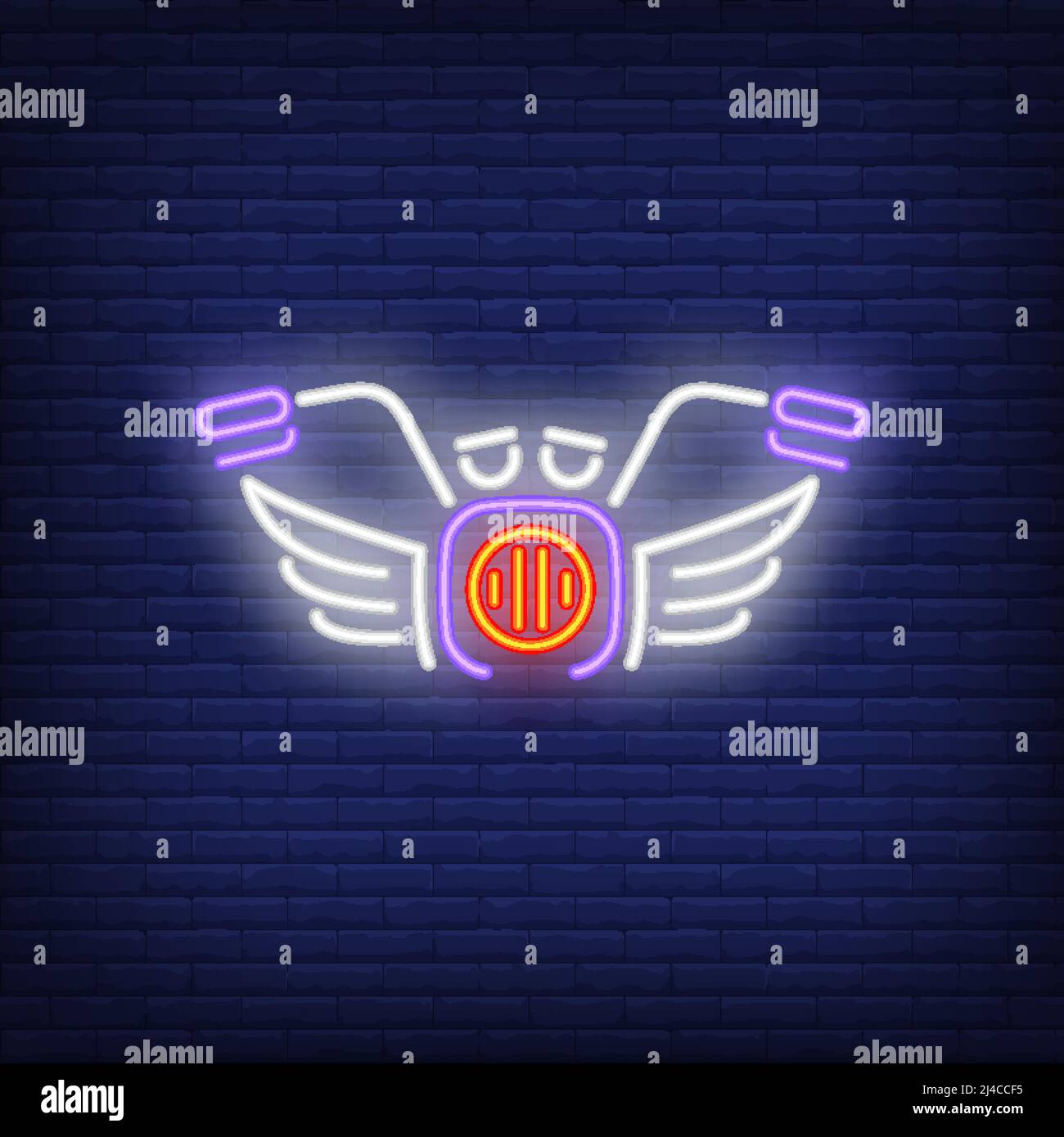 Motor bike neon icon. Face of motorcycle with wings on brick wall background. Racing concept. Vector illustration can be used for neon signs, billboar Stock Vector
