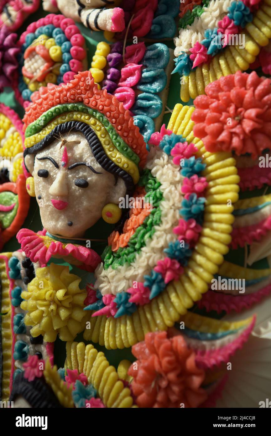 Traditional, sculptural art made of rice flour as an offering for spiritual ceremony in Bedugul, Tabanan, Bali, Indonesia. Stock Photo