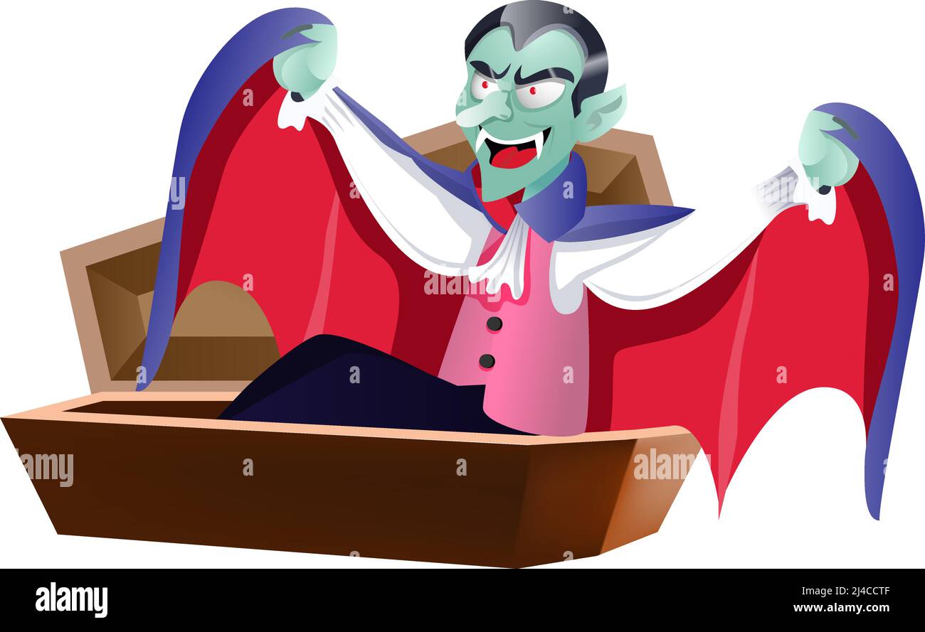 Dracula waking up in coffin. Halloween cartoon character flat vector illustration. Halloween party concept. Stock Vector
