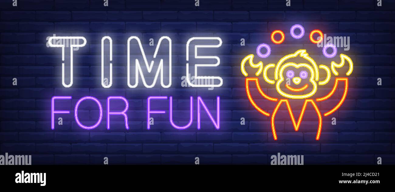 Time for fun neon text with monkey juggling. Circus park and advertisement design. Night bright neon sign, colorful billboard, light banner. Vector il Stock Vector