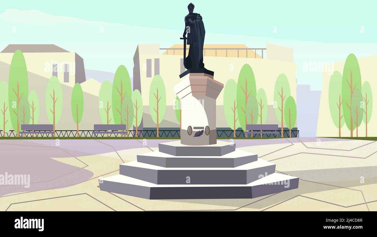 Ancient king with sword monument on stand vector illustration. Stone statue in city park. History concept Stock Vector