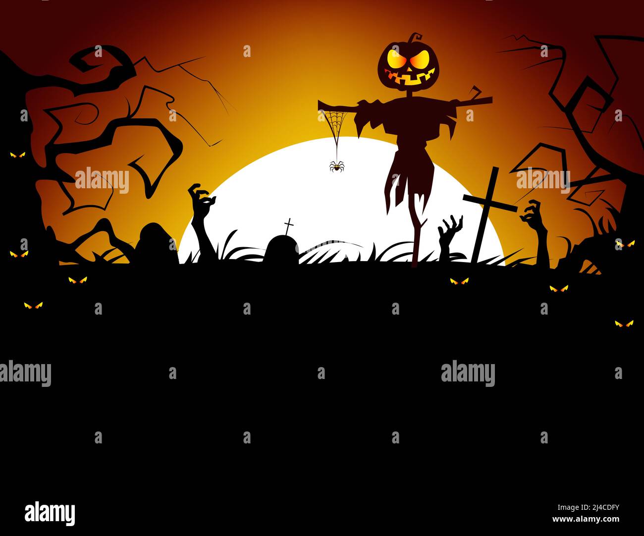 Dead men coming out of ground vector illustration. Cruel scarecrow with hanging spider against sunset. Graveyard concept Stock Vector