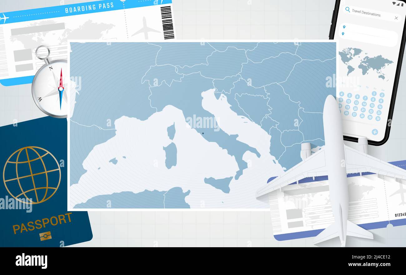 Journey to Vatican City, illustration with a map of Vatican City. Background with airplane, cell