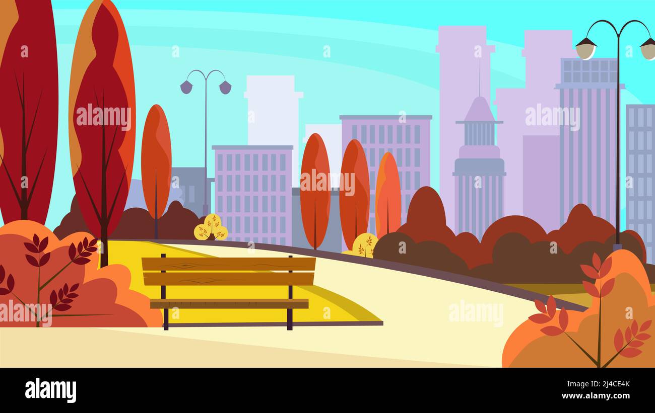 City park walkway with autumn trees, bushes, benches, lanterns and skyscrapers in background. Cityscape, recreation area. Flat style vector illustrati Stock Vector