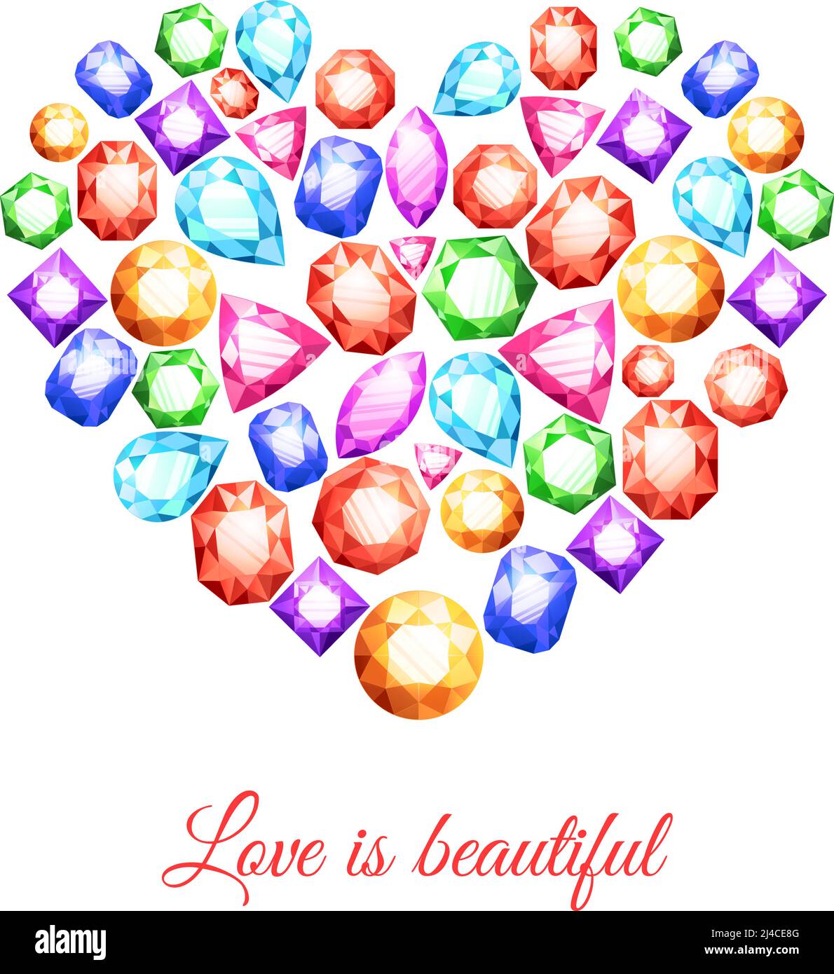 Colorful gemstones in heart shape with love is beautiful lettering vector illustration Stock Vector