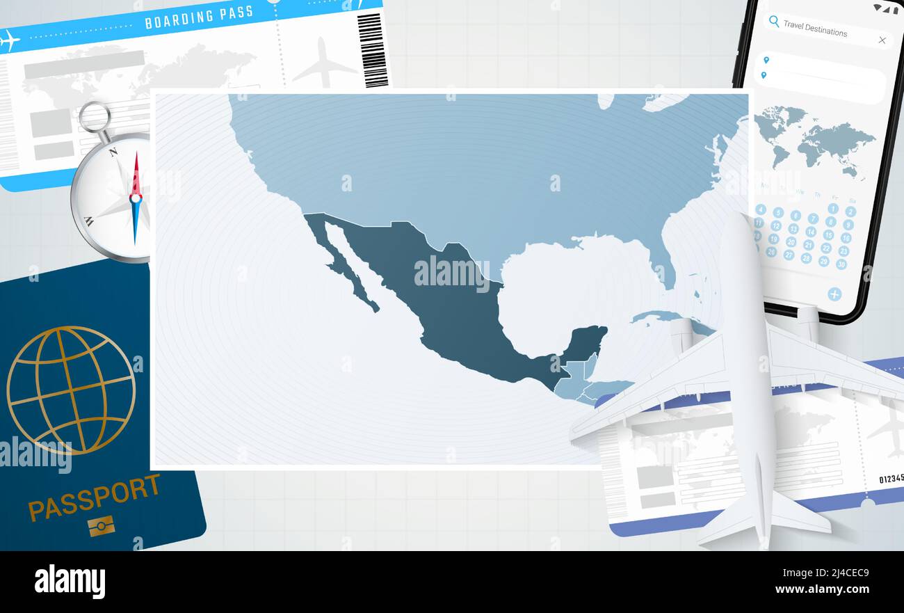 Journey to Mexico, illustration with a map of Mexico. Background with airplane, cell phone
