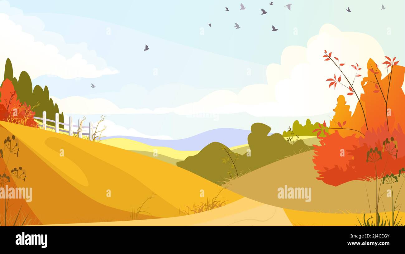 Countryside landscape with bushes and meadows. Landscape, nature, autumn concept. Flat style vector illustration. For leaflets, brochures, wallpapers, Stock Vector