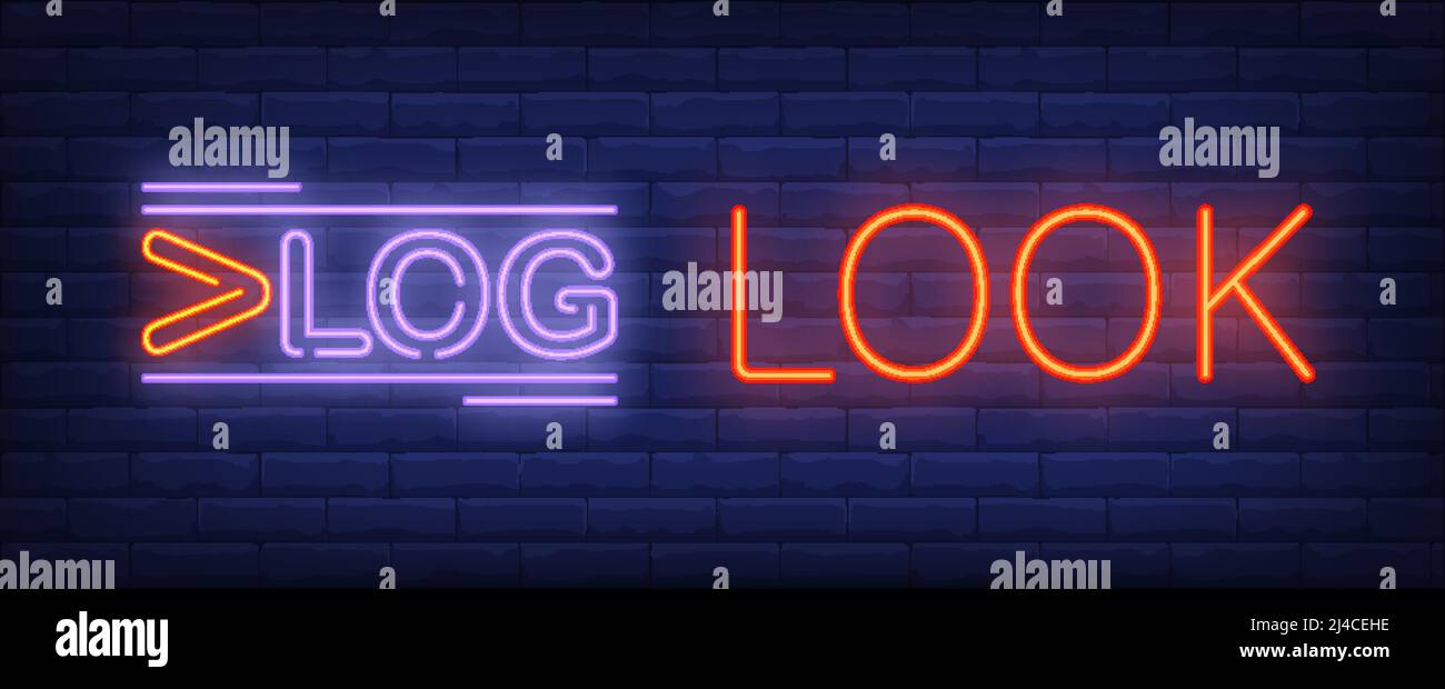 Vlog look neon sign. Red and violet text on brick wall background. Vector illustration in neon style for video content or internet marketing Stock Vector