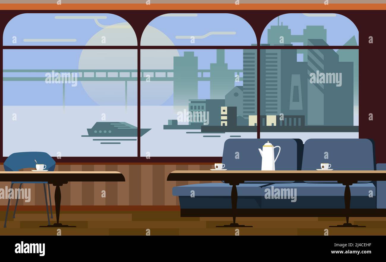 Cafe interior with tables and couch vector illustration. Windows with