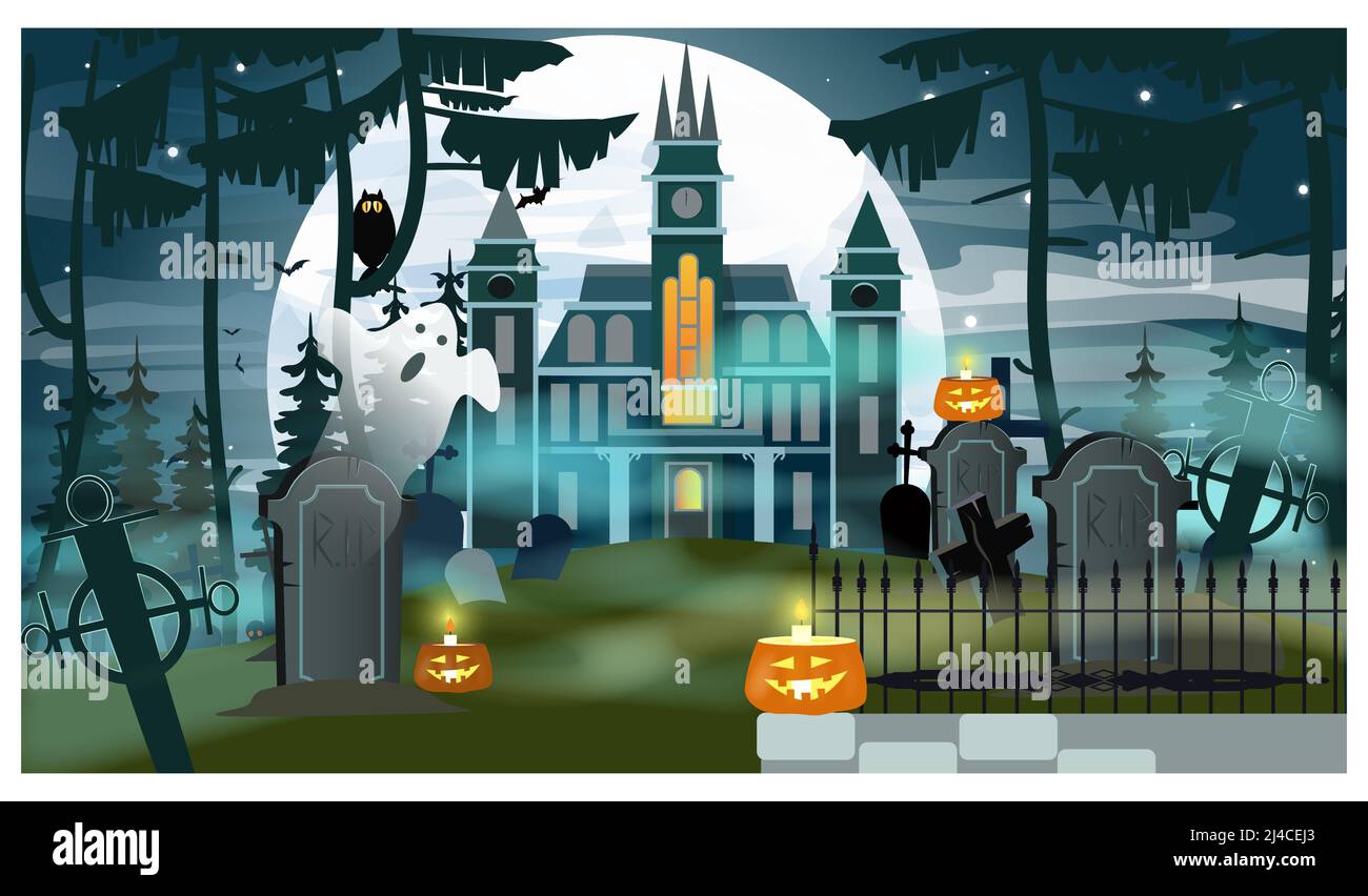 Castle and tombs in forest, with ghost and candles in moonlight. Halloween night background. Holiday concept. For websites, wallpapers, banners or pos Stock Vector