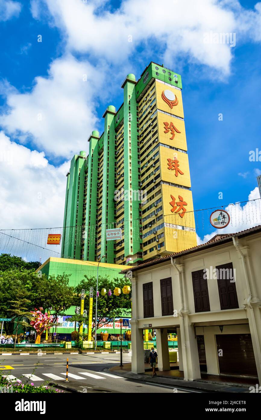 Chinatown shophouses on Smith Street with People's Park Complex in the back drop. Stock Photo