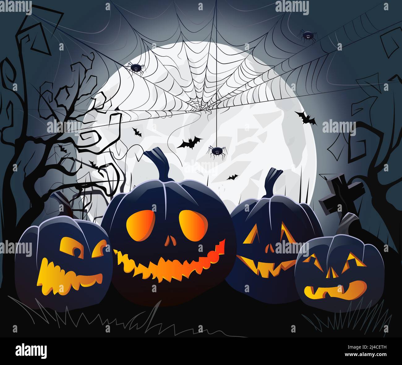 Jack o lanterns and cobweb with spiders against moonlight vector ...