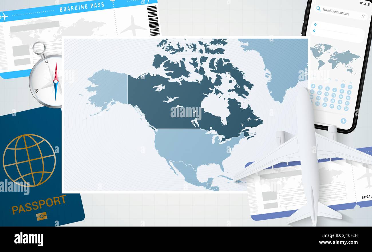 Journey to Canada, illustration with a map of Canada. Background with