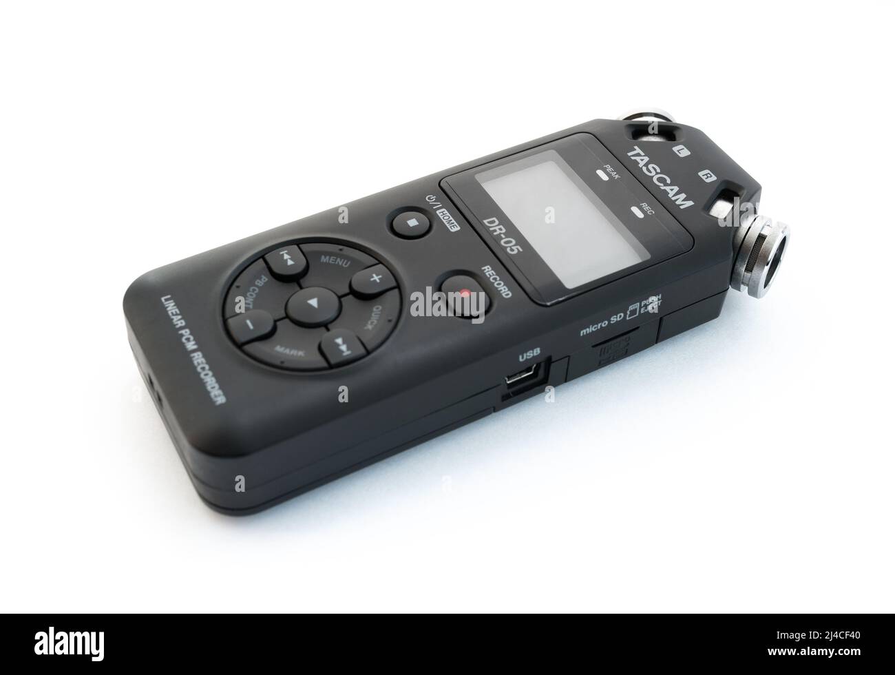 VLADIVOSTOK, RUSSIA - AUGUST 17, 2018: Portable voice recorder Tascam DR-05 on a white background. Stock Photo