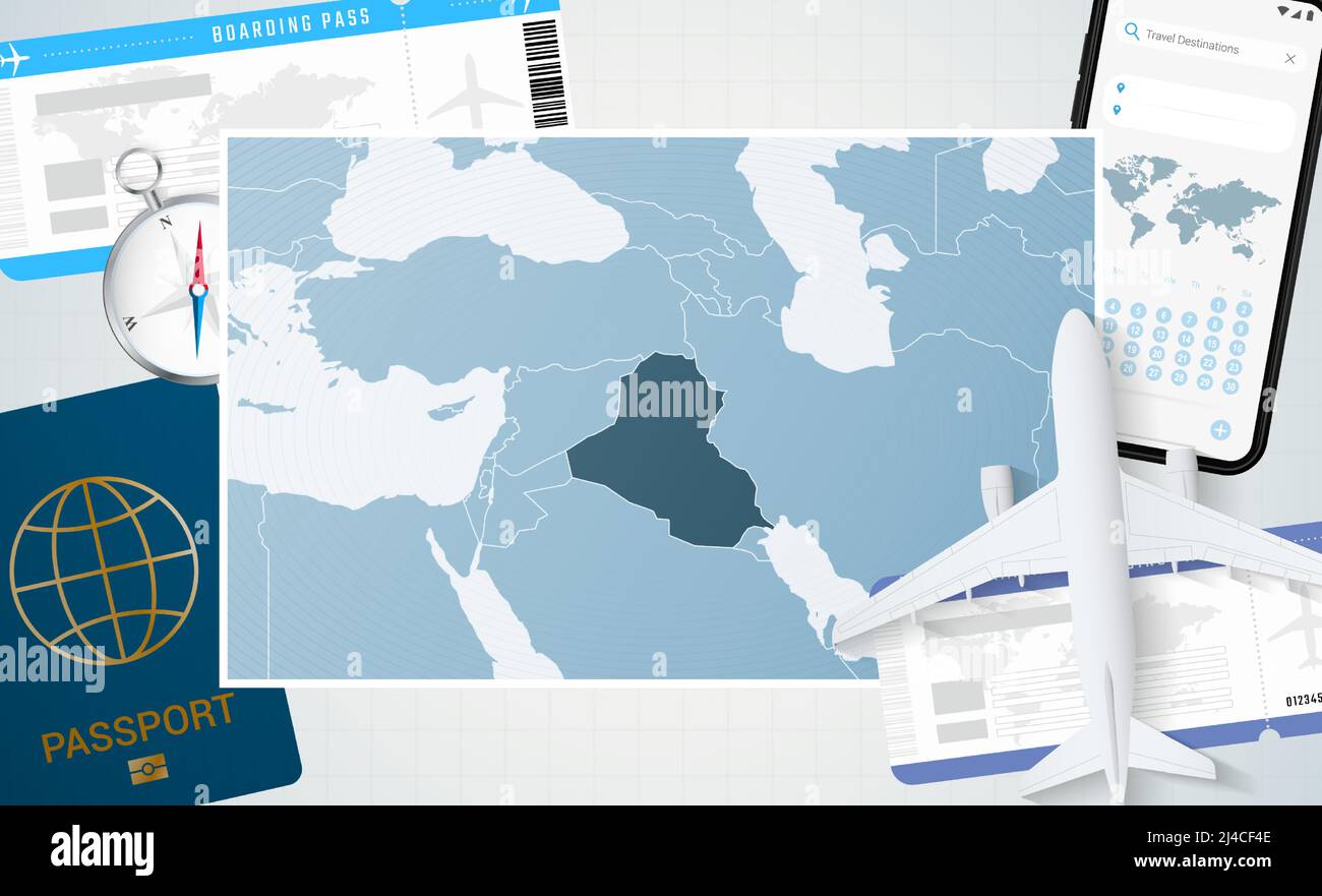 Journey to Iraq, illustration with a map of Iraq. Background with airplane, cell phone, passport, compass and tickets. Vector mockup. Stock Vector