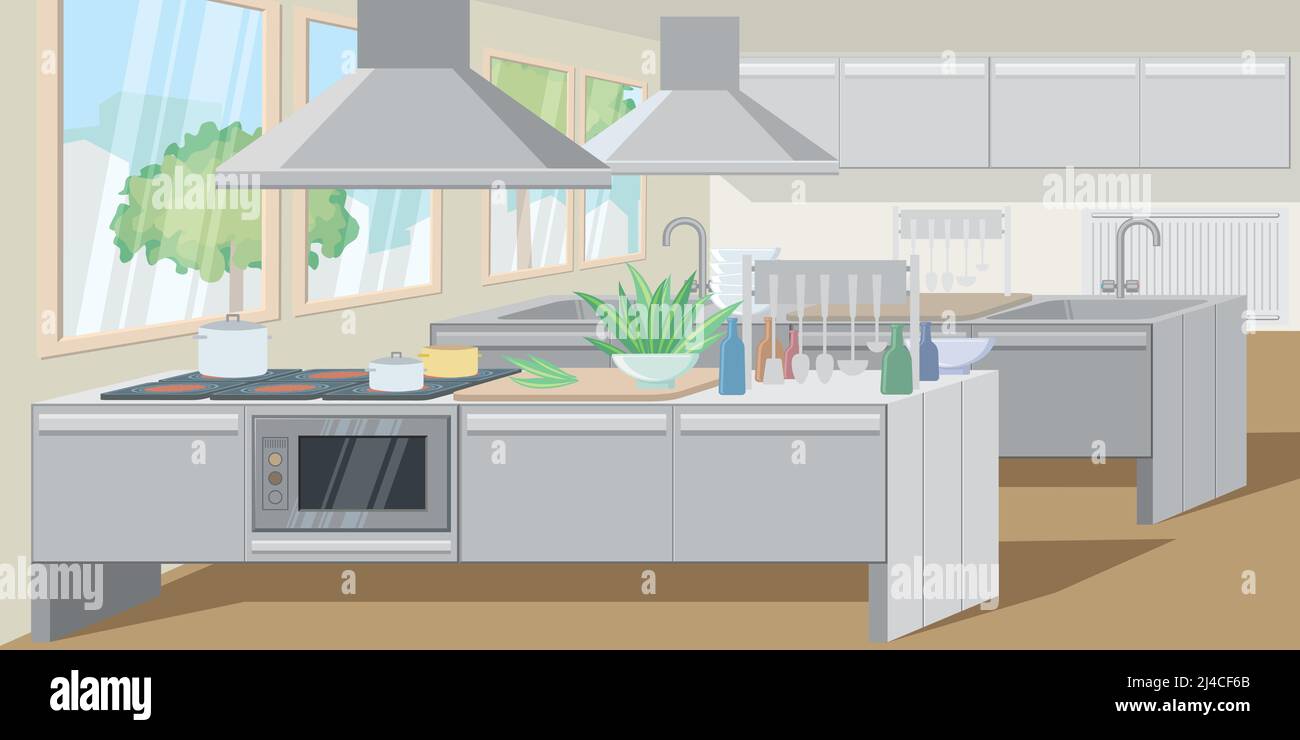 Commercial kitchen with counters equipped powerful appliances. Exhaust hood above counter. Restaurant concept. Vector illustration can be used for top Stock Vector