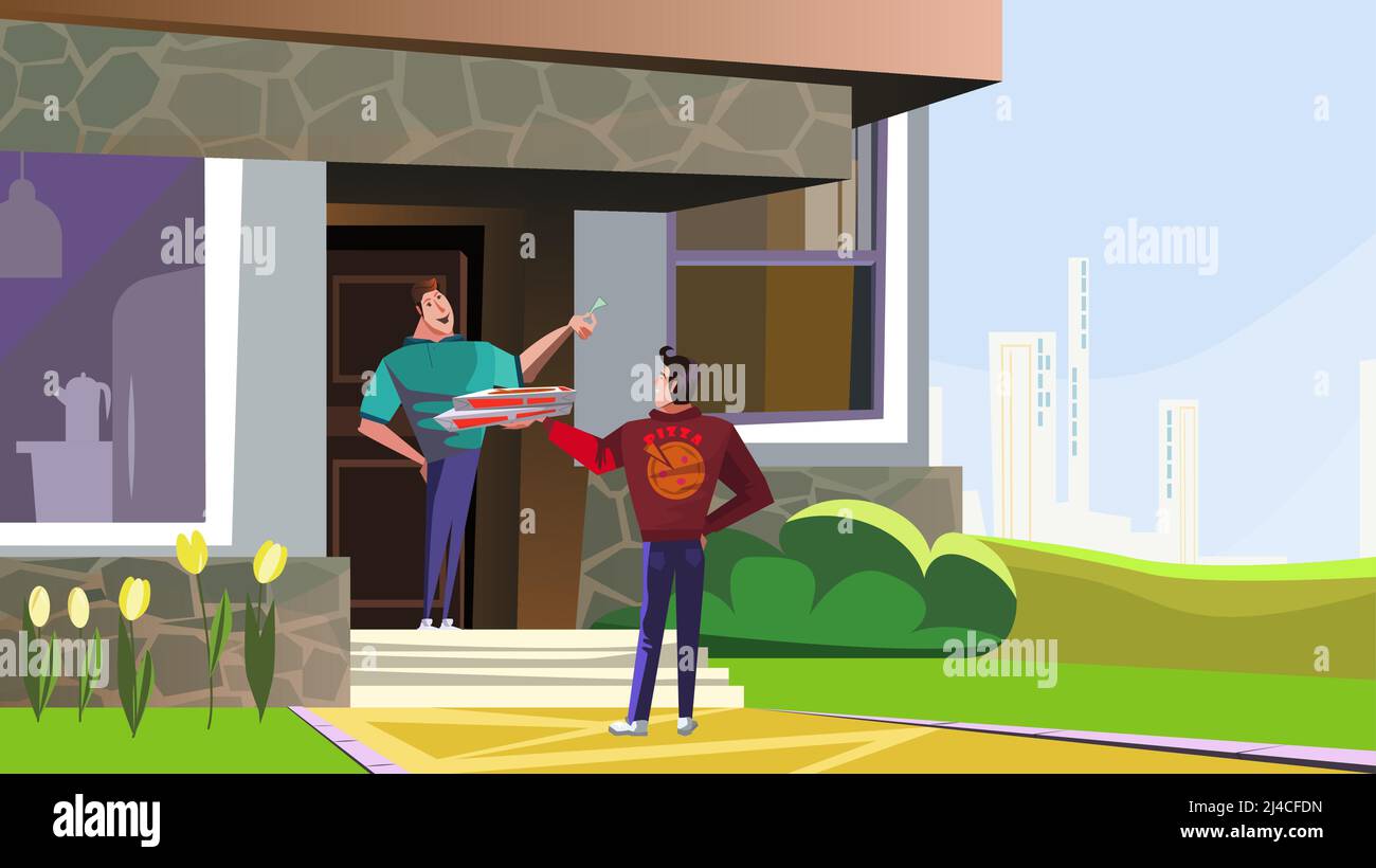 Happy man receiving pizza from delivery guy vector illustration. Young