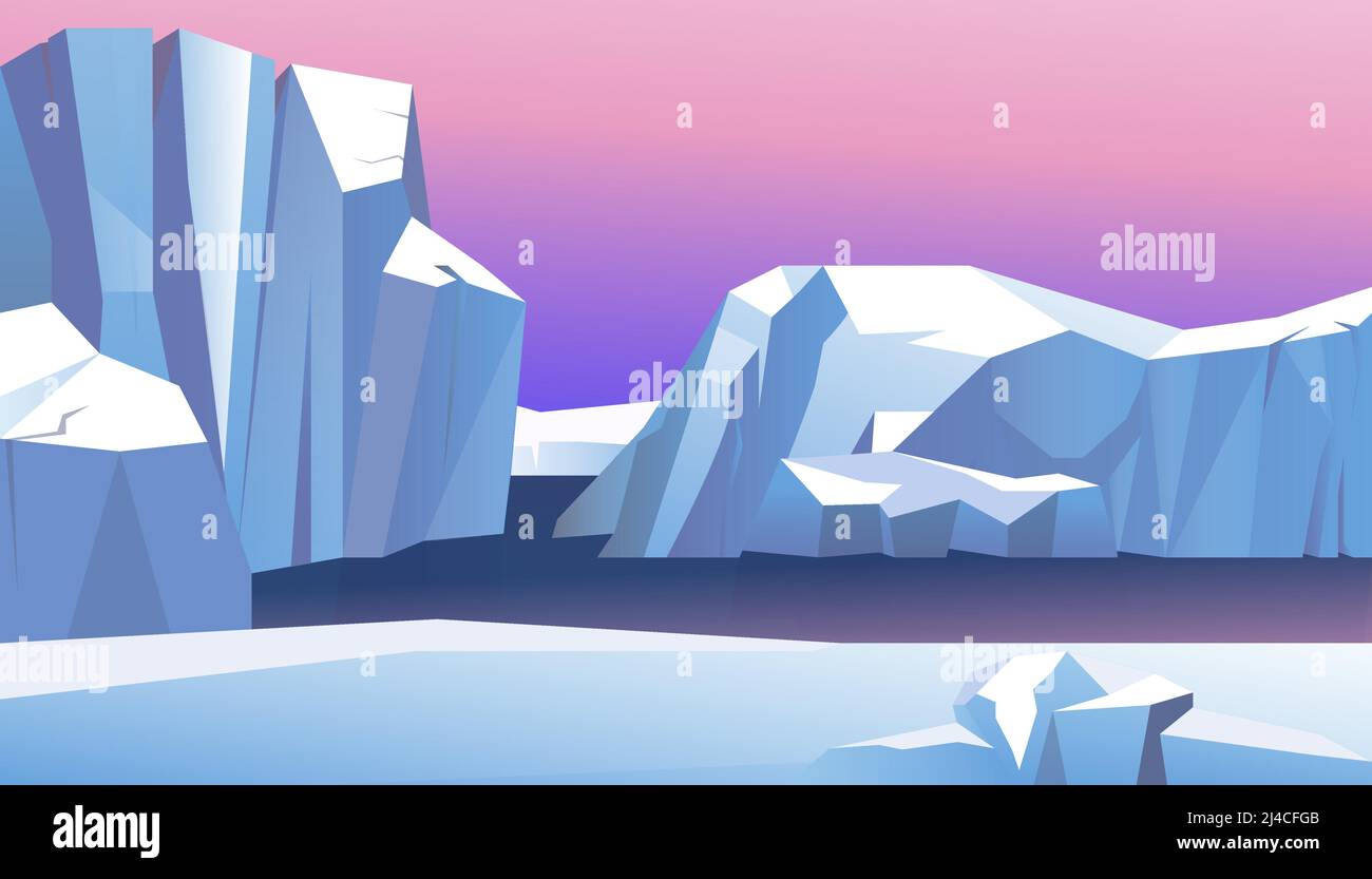 Ice mountain in water vector illustration. Northern lights behind icebergs. North pole illustration Stock Vector