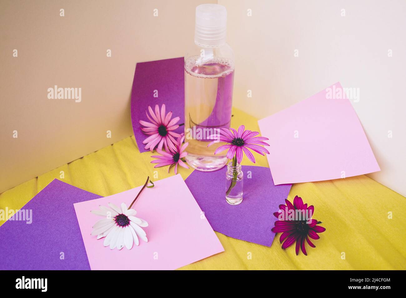 Still life of eco cosmetics with flowers in paper background design in purple and yellow tones Stock Photo