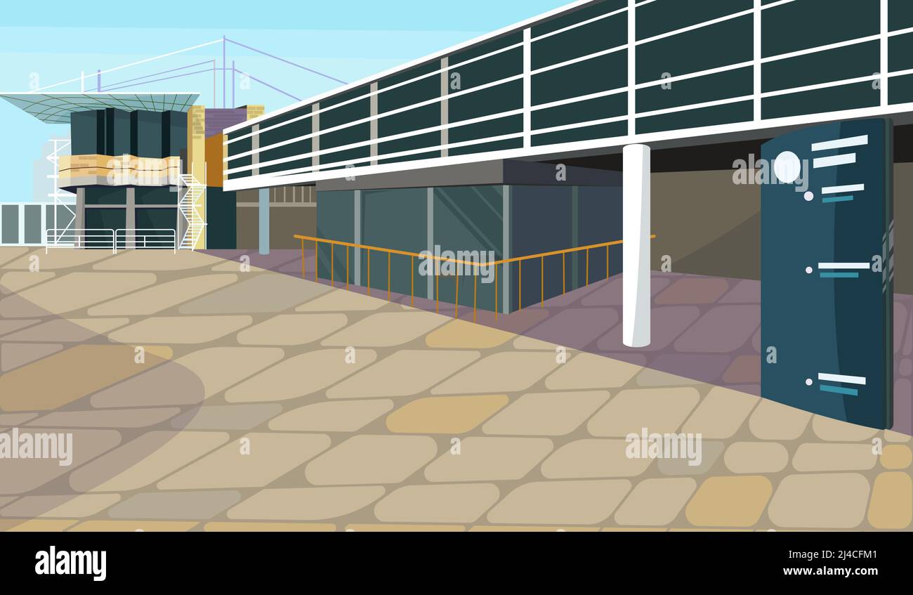 Parking lot for block house vector illustration. Modern parking garage with banner outdoors. City concept Stock Vector