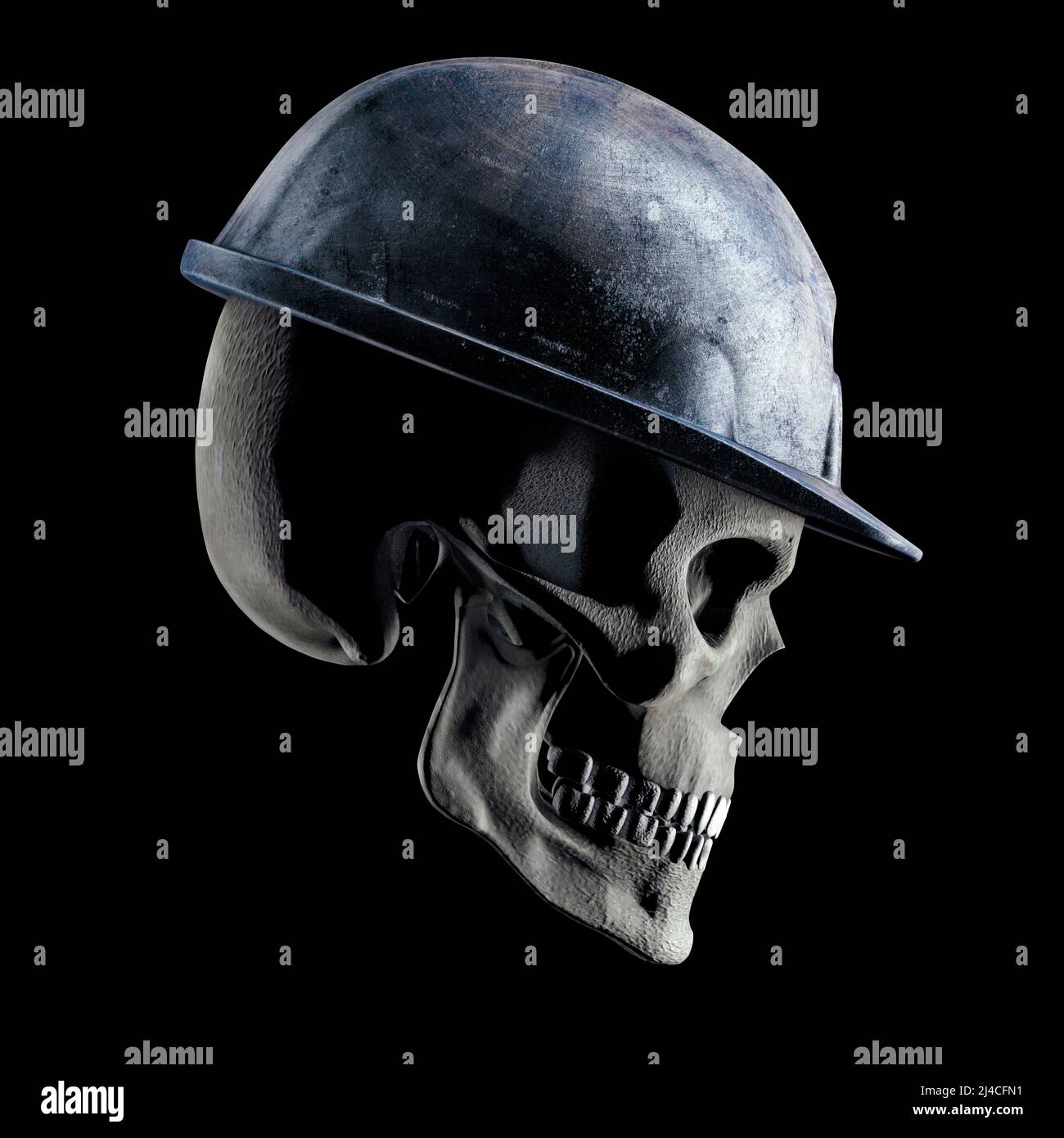 Undead worker - 3D illustration of grungy skull wearing old battered hard hat isolated on black studio background Stock Photo