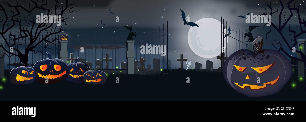 Open cemetery gate with pumpkins and bats at moon night vector illustration. Halloween night background. Holiday concept. For websites, wallpapers, ba Stock Vector