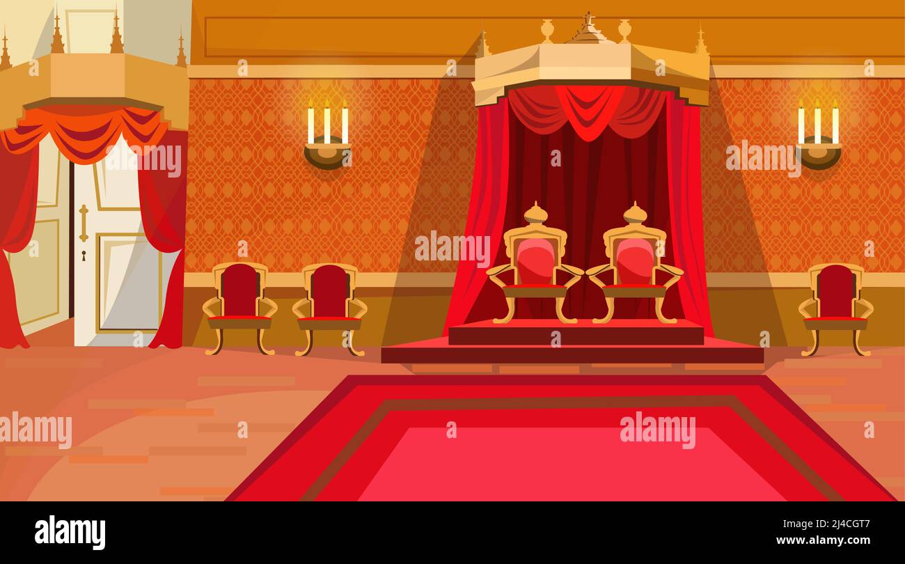 Red royal thrones in palace vector illustration. Candlesticks on wall, red curtain hanging from big crown-shaped frame. Interior illustration Stock Vector