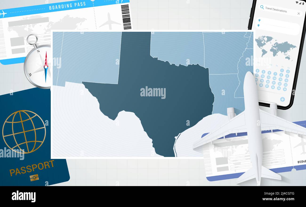 Journey to Texas, illustration with a map of Texas. Background with airplane, cell phone