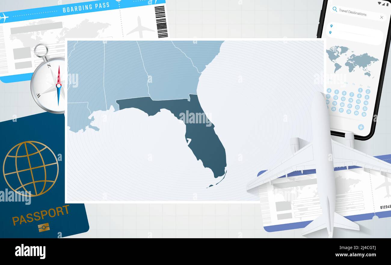 Journey to Florida, illustration with a map of Florida. Background with