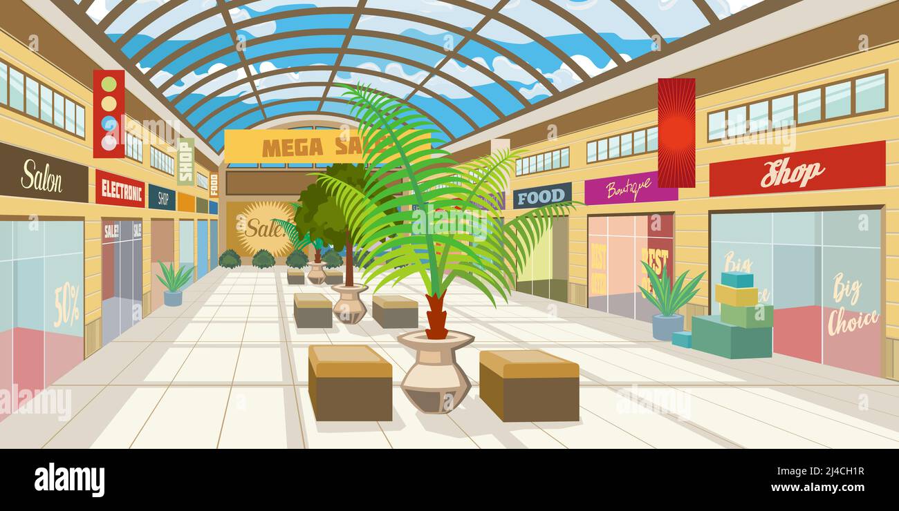 Shopping mall corridor with panoramic roof. Modern boutiques in mall with plants and benches. Shopping center concept. Vector illustration can be used Stock Vector