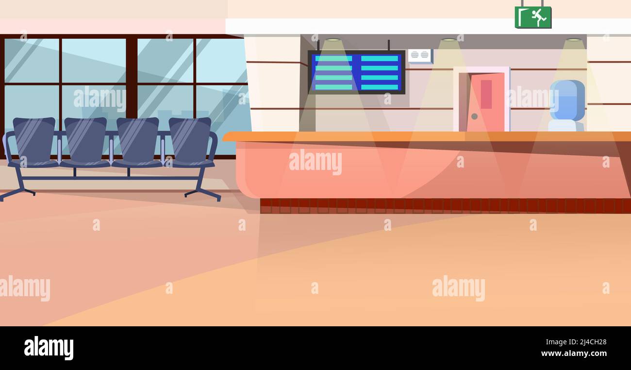 Waiting room with counter in airport vector illustration. Bright space with cooler, hanging screen and chairs in row. Airport concept Stock Vector