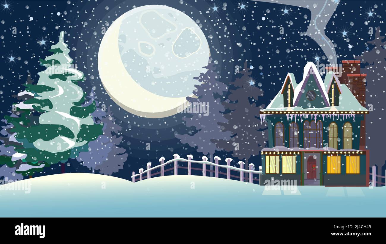 Winter landscape with cottage and big full moon vector illustration. Snowy country scene. Country cottage concept. For websites, wallpapers, posters o Stock Vector