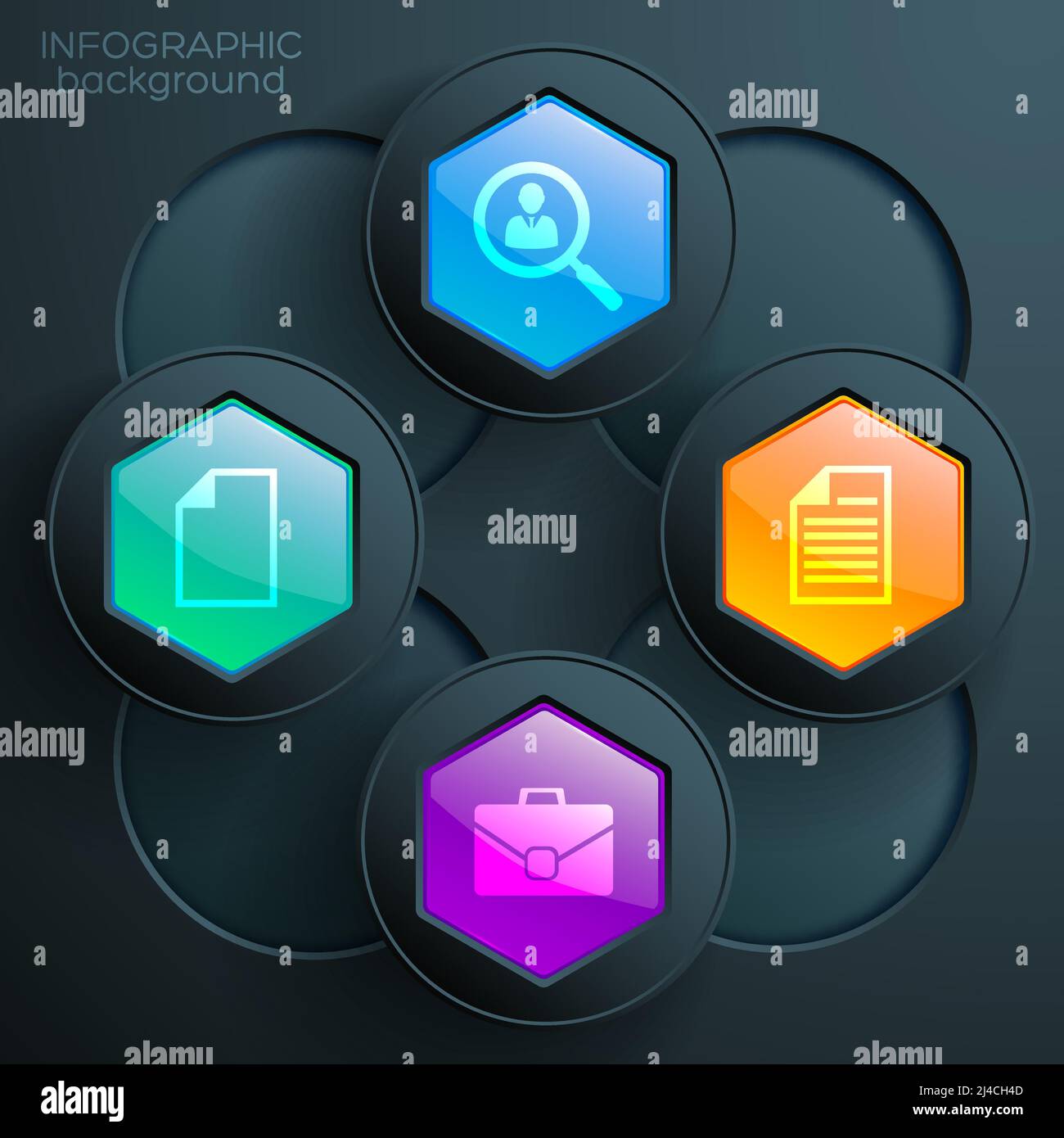 Web infographic chart concept with business icons colorful glossy hexagonal buttons and dark circles vector illustration Stock Vector