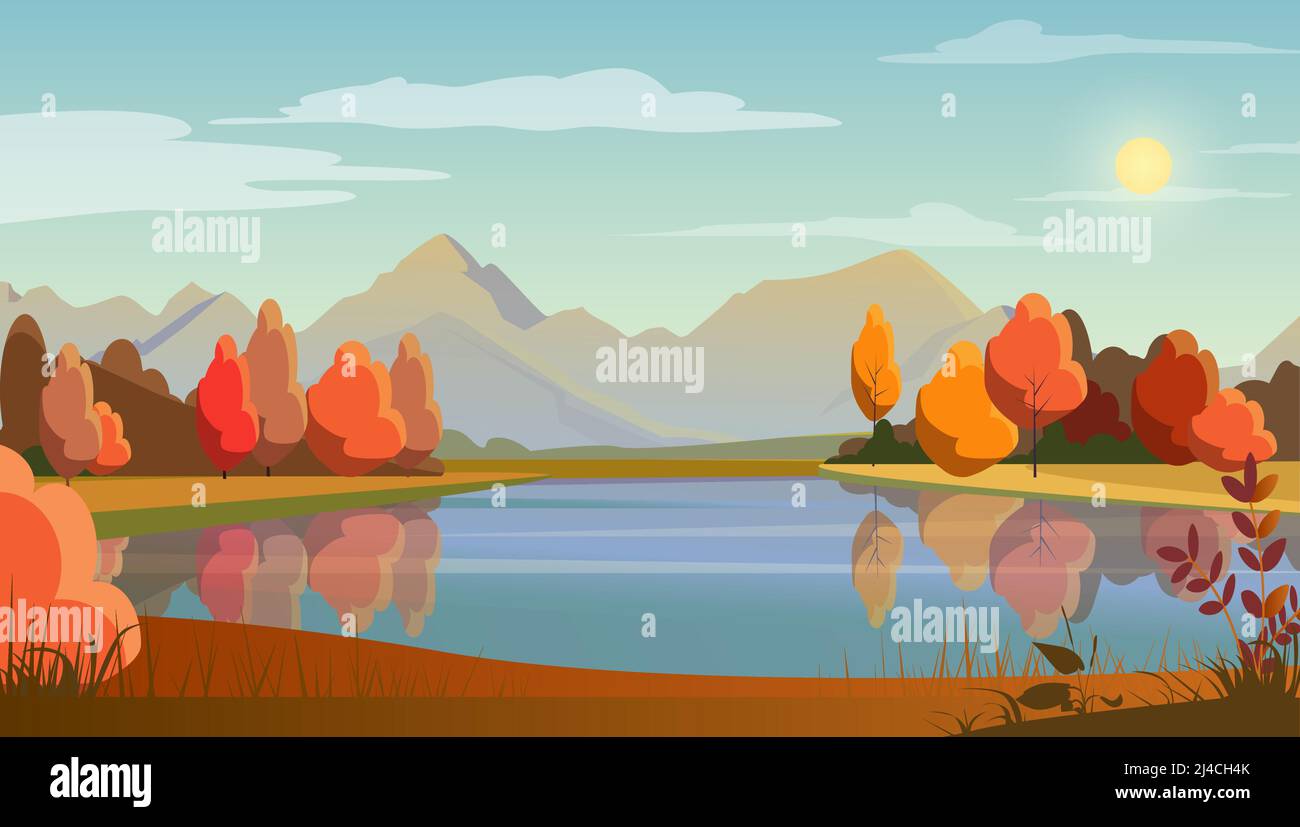 Landscape with lake, trees, sun and mountains in background. Nature, autumn concept. Flat style vector illustration. For leaflets, brochures, wallpape Stock Vector