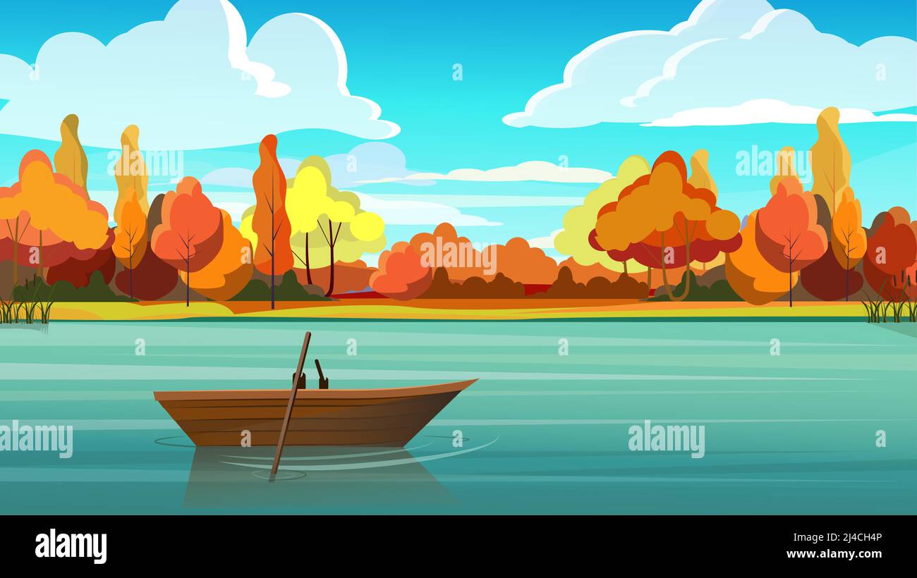 Lake with empty boat and autumn trees in background. Nature, countryside concept. Flat style vector illustration. For leaflets, brochures, wallpapers, Stock Vector
